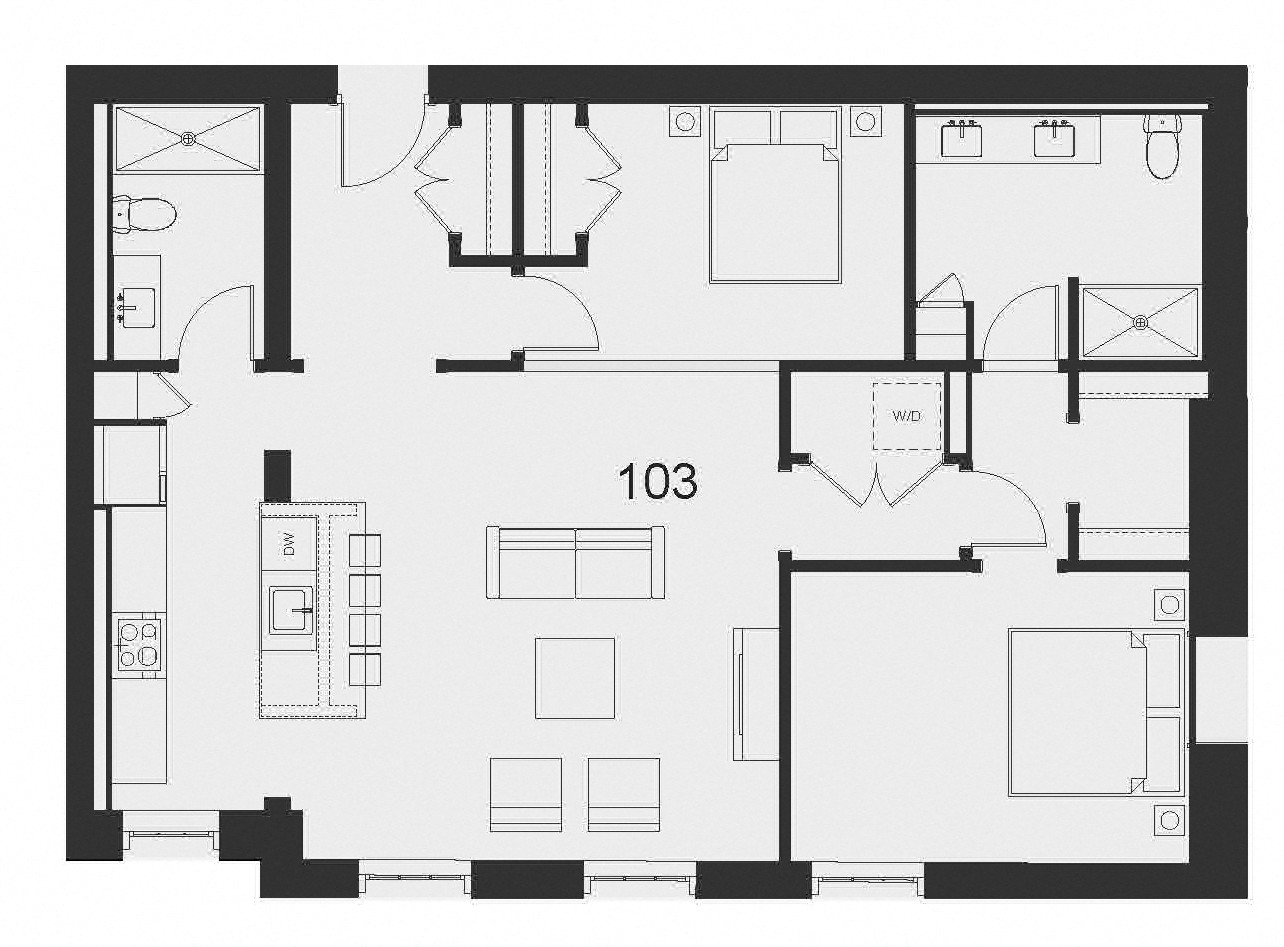 Floor plan for 2 beds, 2 baths, 1027 sqft